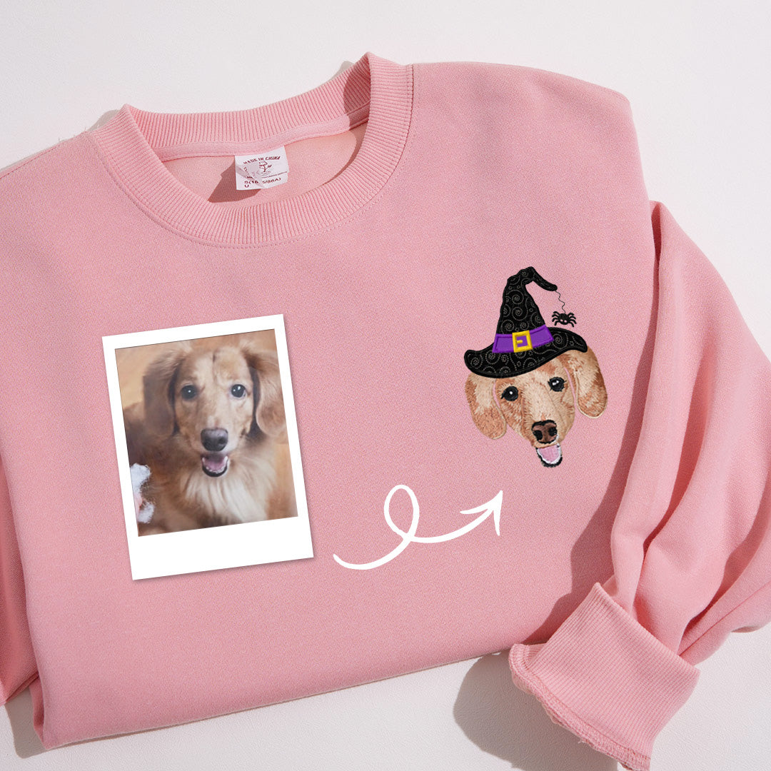 Custom embroidered pet portrait from photo, with Halloween witch hat portrait Sweatshirt or hoodie