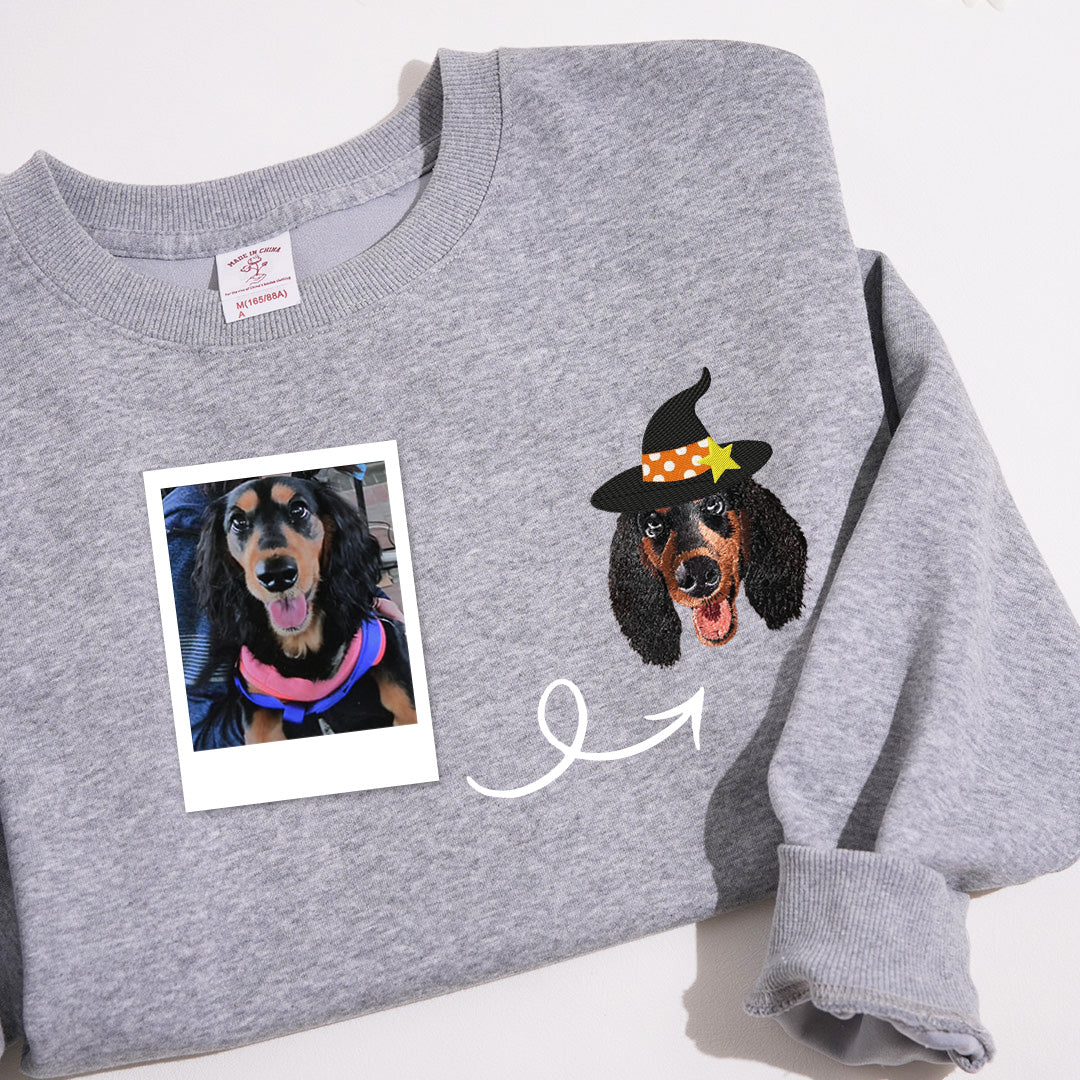 Custom embroidered pet portrait from photo, with Halloween witch hat portrait Sweatshirt or hoodie