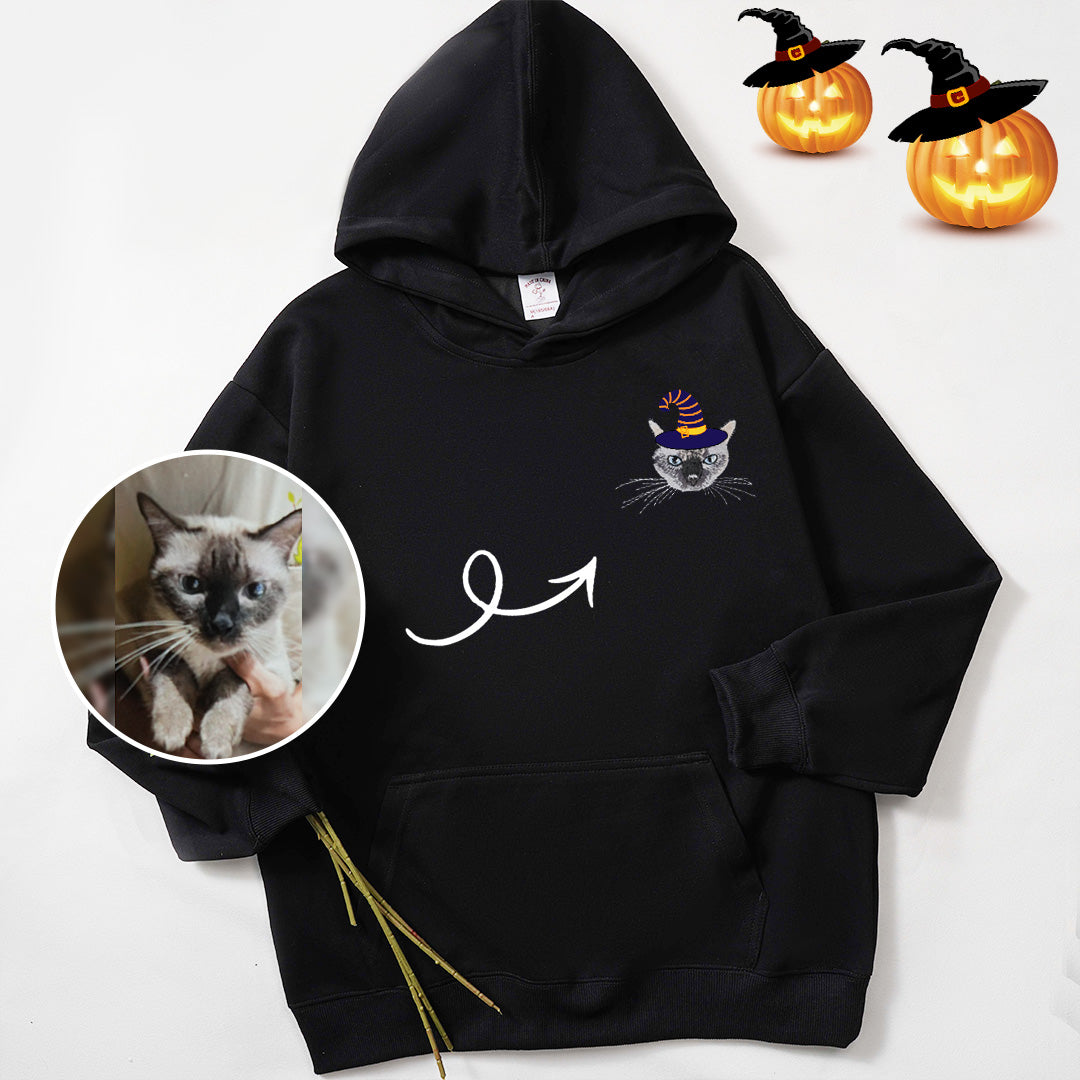 Custom embroidered pet portrait from photo, with Halloween witch hat portrait Sweatshirt or hoodie