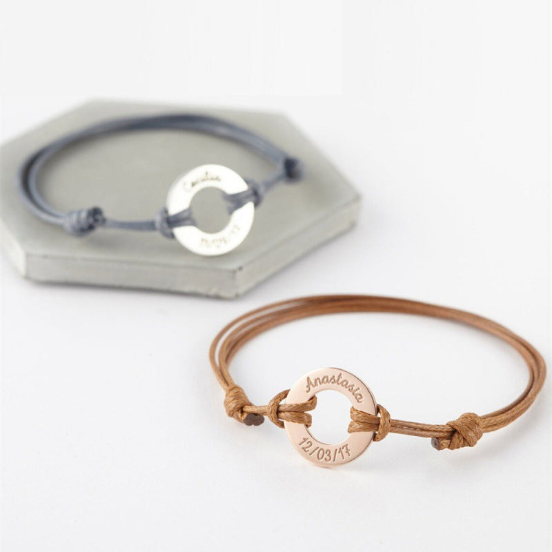 Stainless steel ring engraved braided bracelet