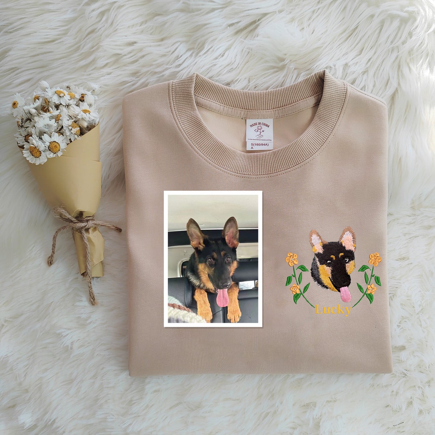 Unique Doggy Designs: Custom Embroidered Apparel（with yellow florets）