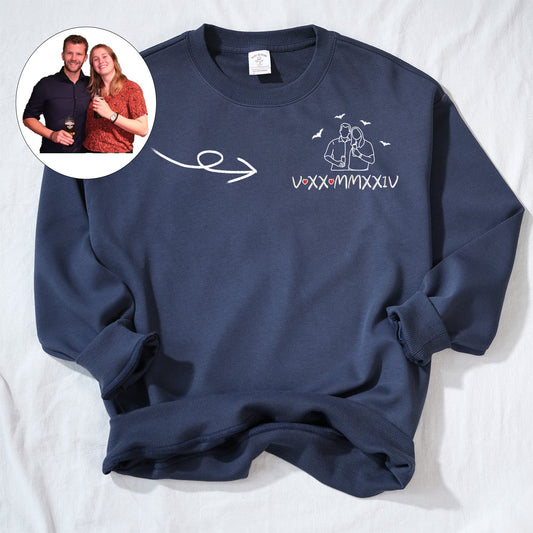 Halloween Special Custom: Embroidered Couple Photo Hoodie with Roman Numeral Date Commemorative Gift