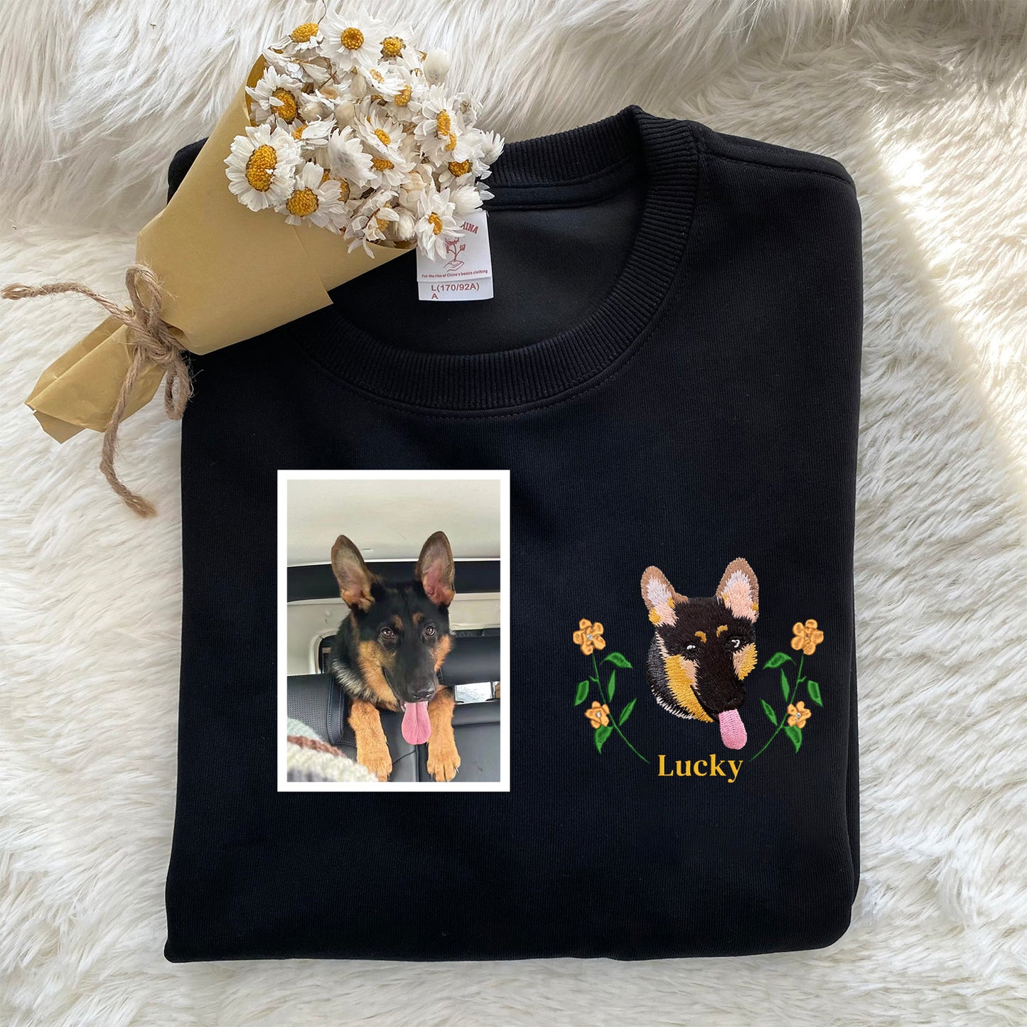 Unique Doggy Designs: Custom Embroidered Apparel（with yellow florets）