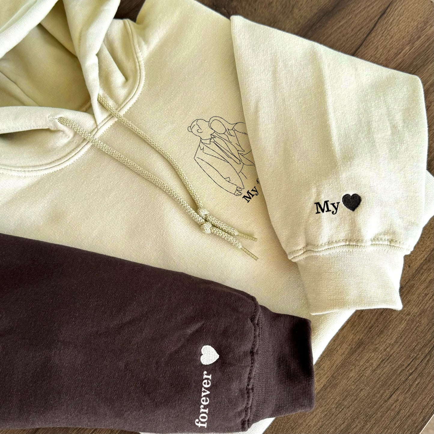 Custom embroidered couples sweatshirts: upload photos and personalize text, choose from15 colors to create a unique, one-of-a-kind gift.