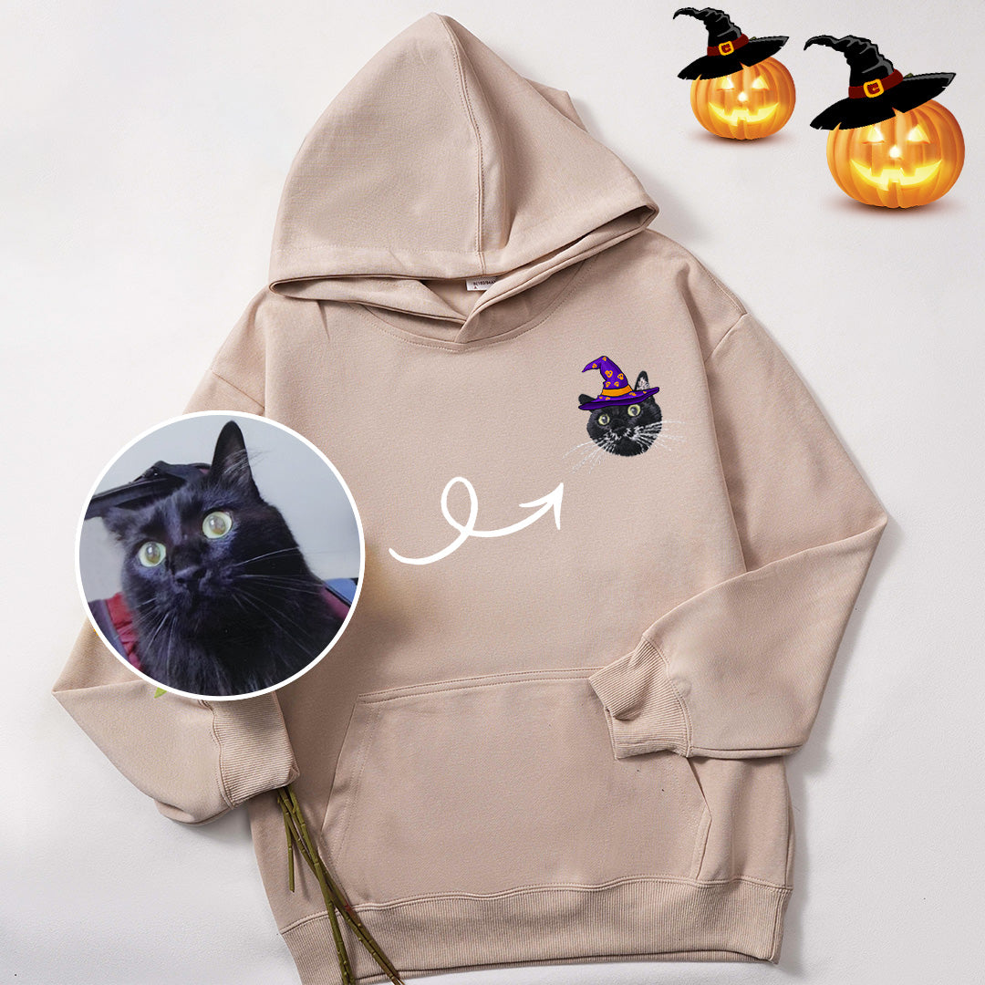 Custom embroidered pet portrait from photo, with Halloween witch hat portrait Sweatshirt or hoodie