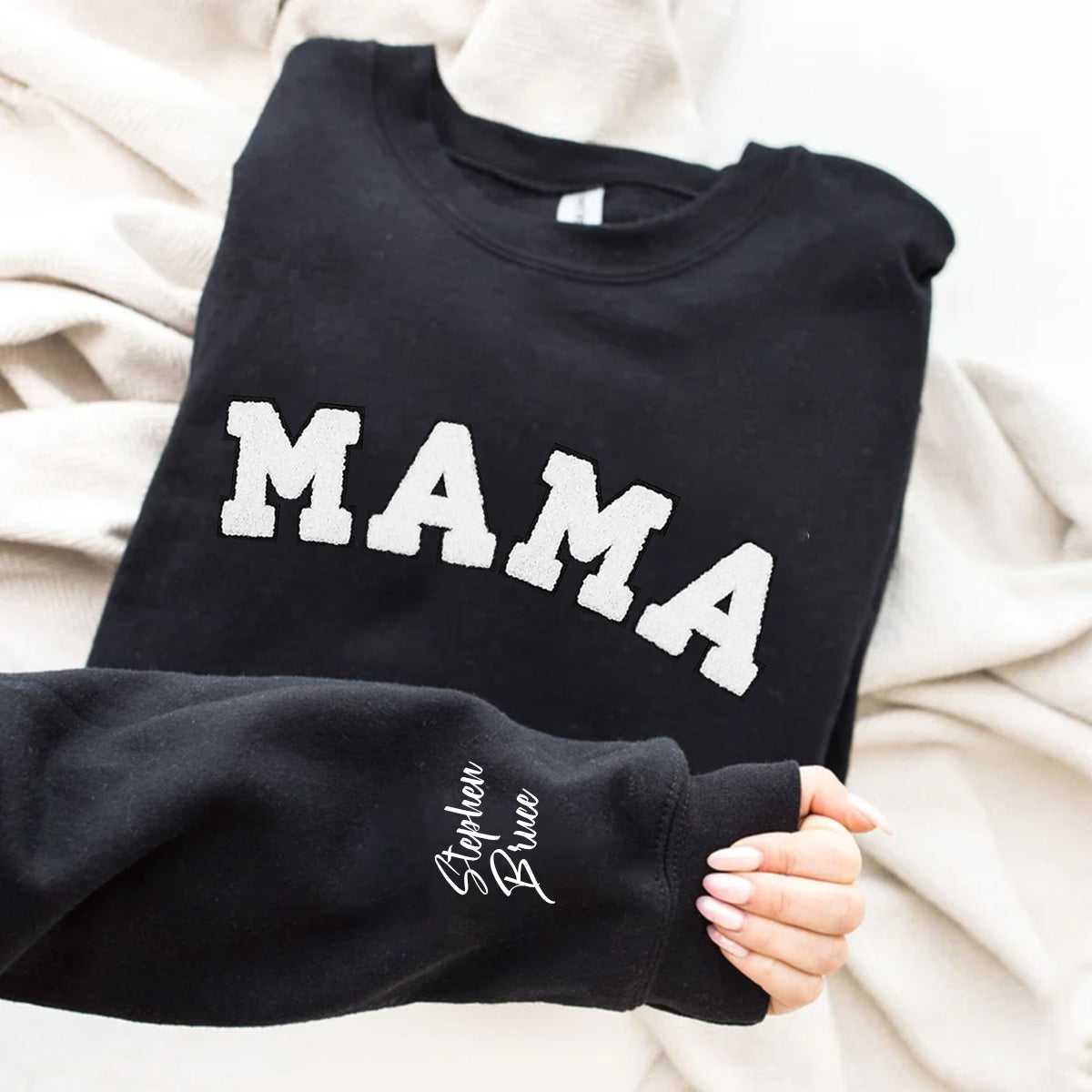 Customizable MAMA Embroidered T-Shirt/Sweatshirt/Hoodie - Choose Your Font Color & Personalize Your Cuff with Unique Text!