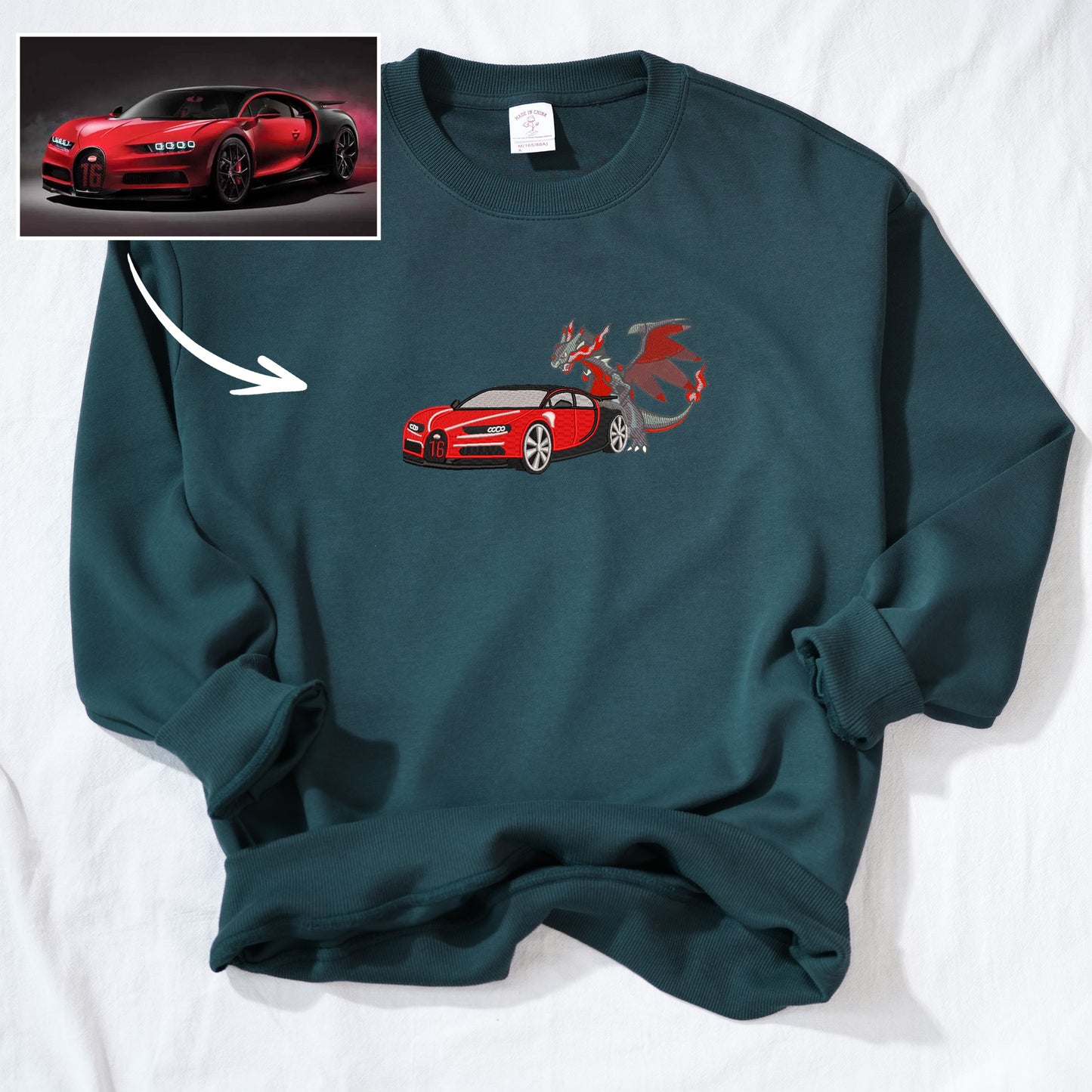 Custom Embroidered Round Neck Sweatshirt featuring a Car and Dragon Design - A Stylish Gift for Couples this Autumn and Winter.