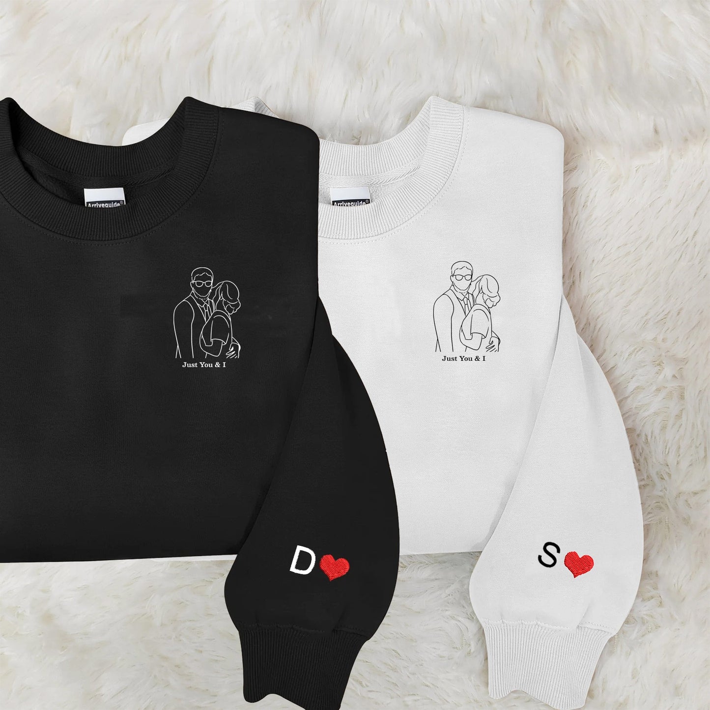 Custom embroidered couples sweatshirts: upload photos and personalize text, choose from15 colors to create a unique, one-of-a-kind gift.