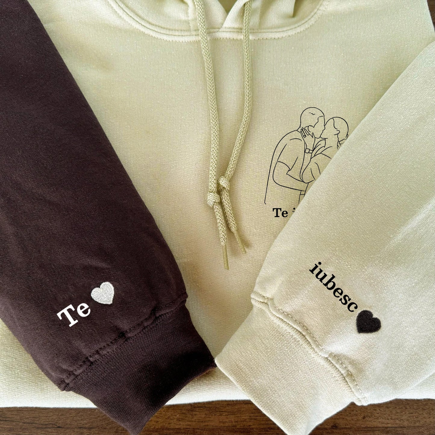 Custom embroidered couples sweatshirts: upload photos and personalize text, choose from15 colors to create a unique, one-of-a-kind gift.