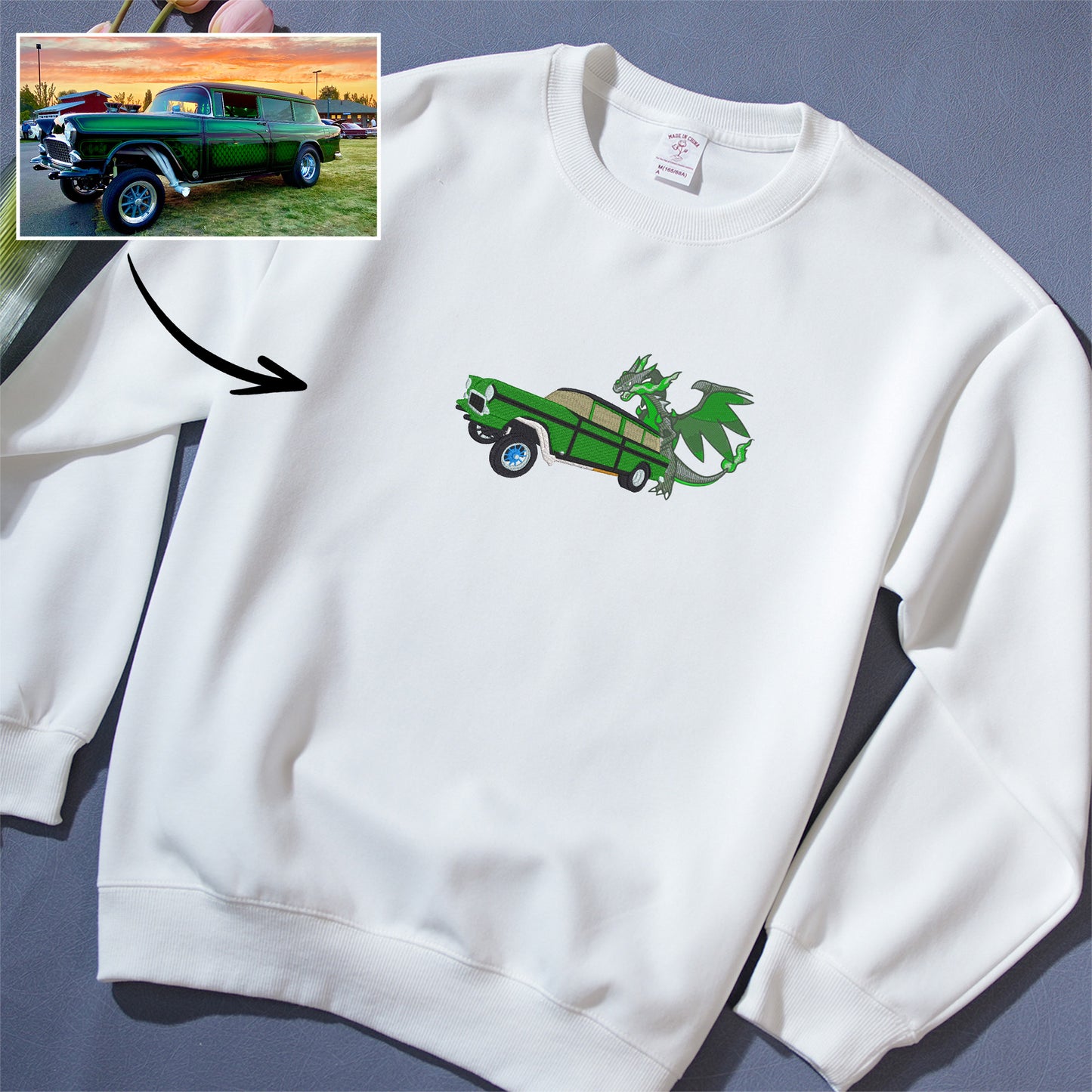 Custom Embroidered Round Neck Sweatshirt featuring a Car and Dragon Design - A Stylish Gift for Couples this Autumn and Winter.