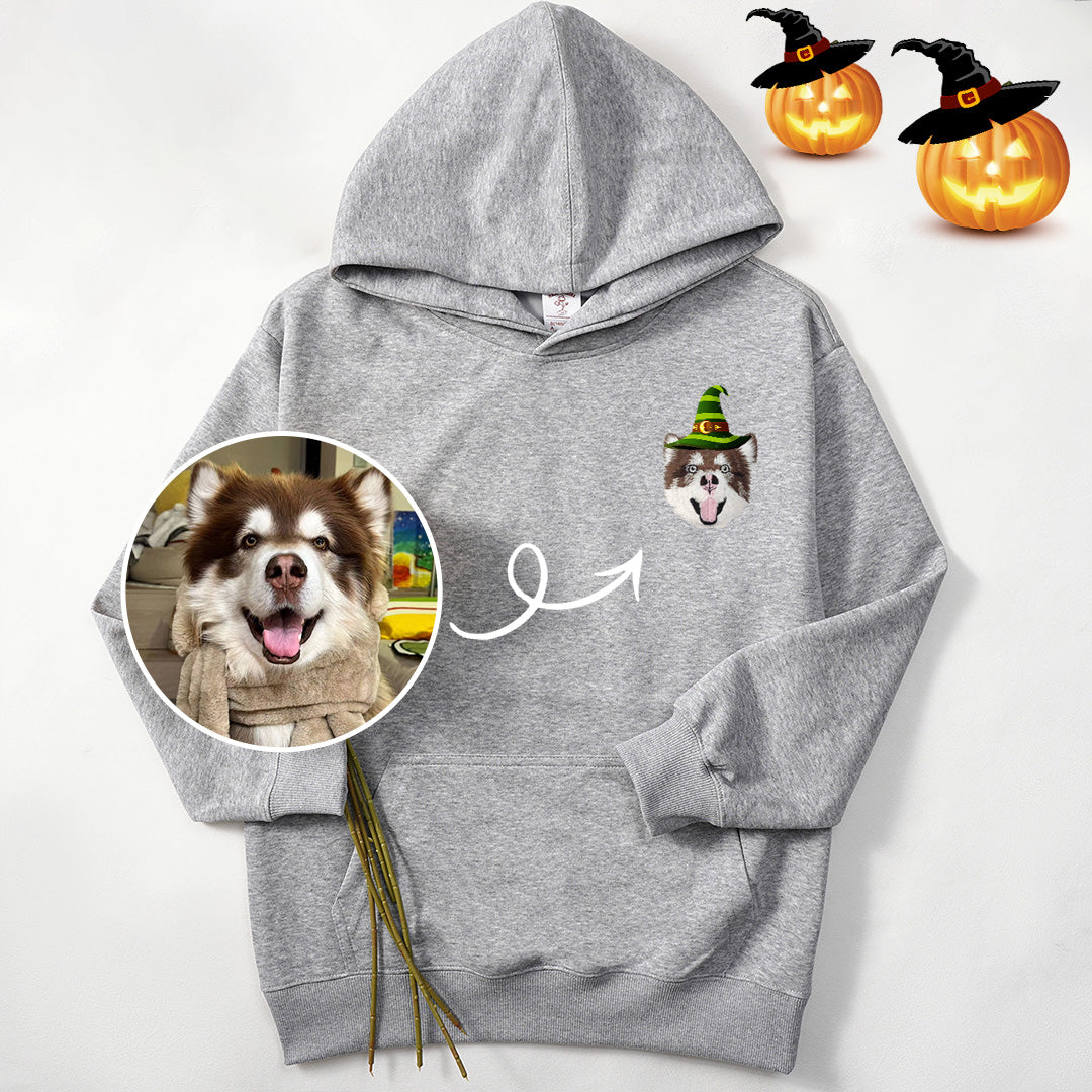 Custom embroidered pet portrait from photo, with Halloween witch hat portrait Sweatshirt or hoodie