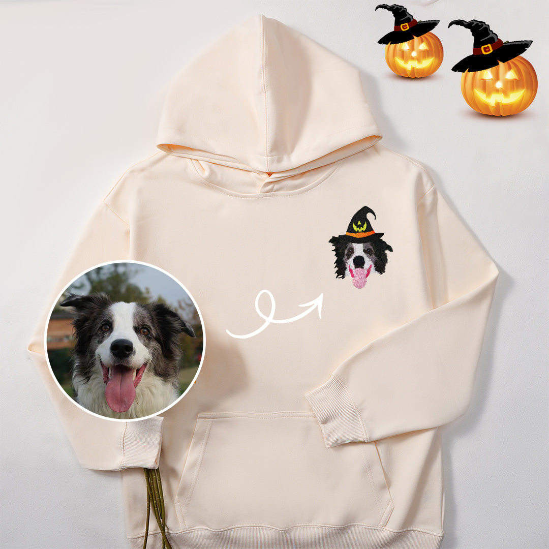 Custom embroidered pet portrait from photo, with Halloween witch hat portrait Sweatshirt or hoodie