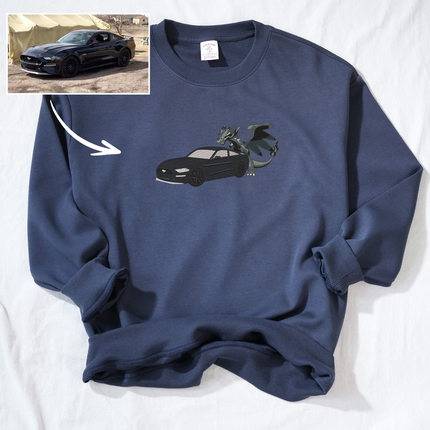 Custom Embroidered Round Neck Sweatshirt featuring a Car and Dragon Design - A Stylish Gift for Couples this Autumn and Winter.