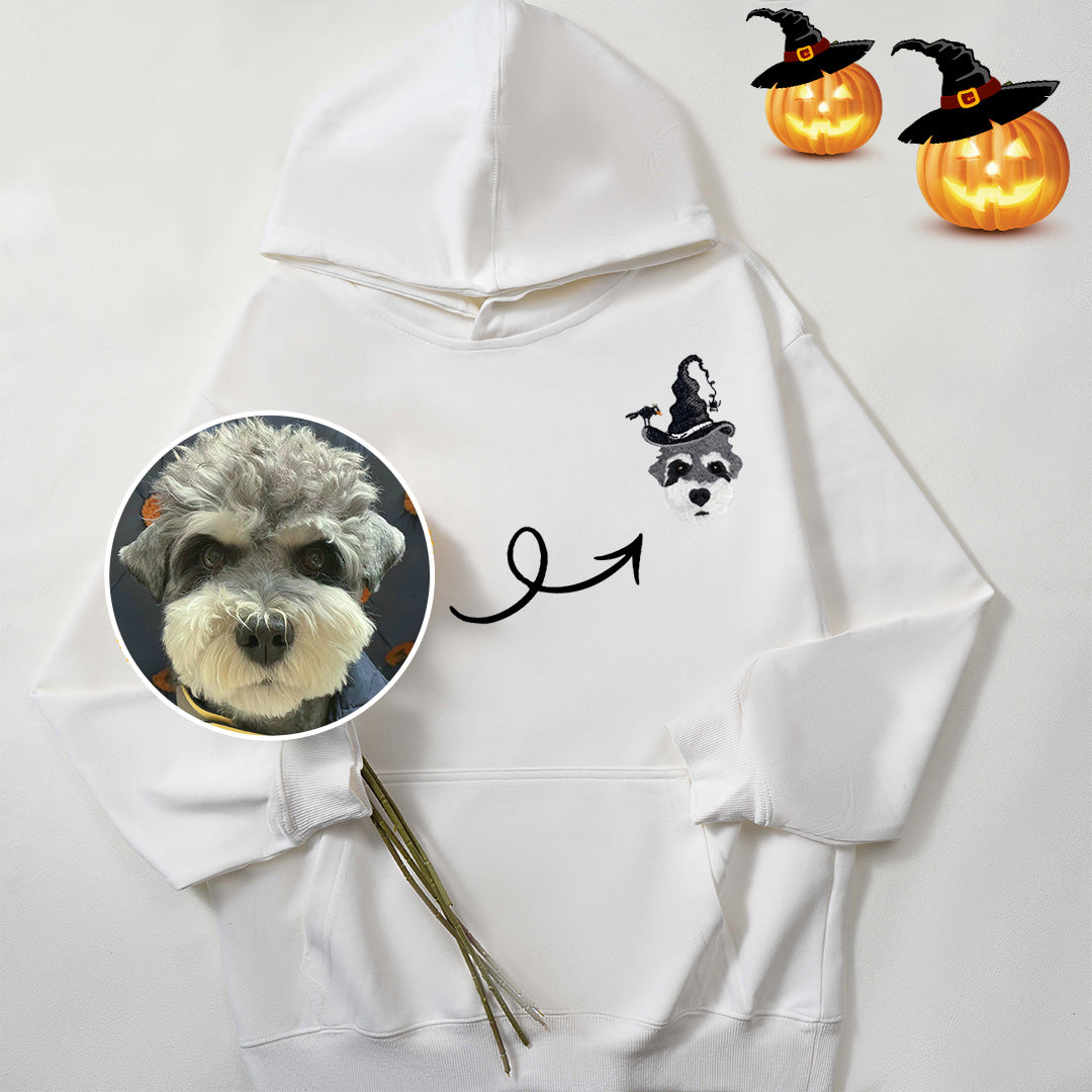 Custom embroidered pet portrait from photo, with Halloween witch hat portrait Sweatshirt or hoodie