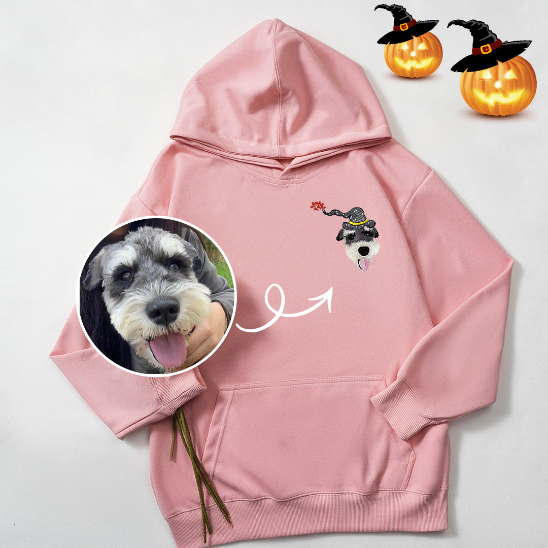 Custom embroidered pet portrait from photo, with Halloween witch hat portrait Sweatshirt or hoodie