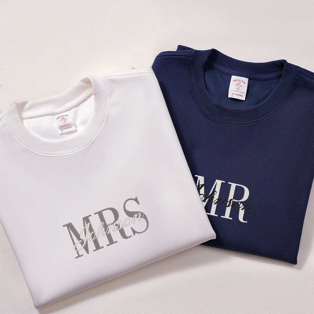 Custom Mrs. and Mr. Embroidered T-shirt Sweatshirt, Gifts for Loved Ones, Couples Gifts, Wedding Anniversary Gifts