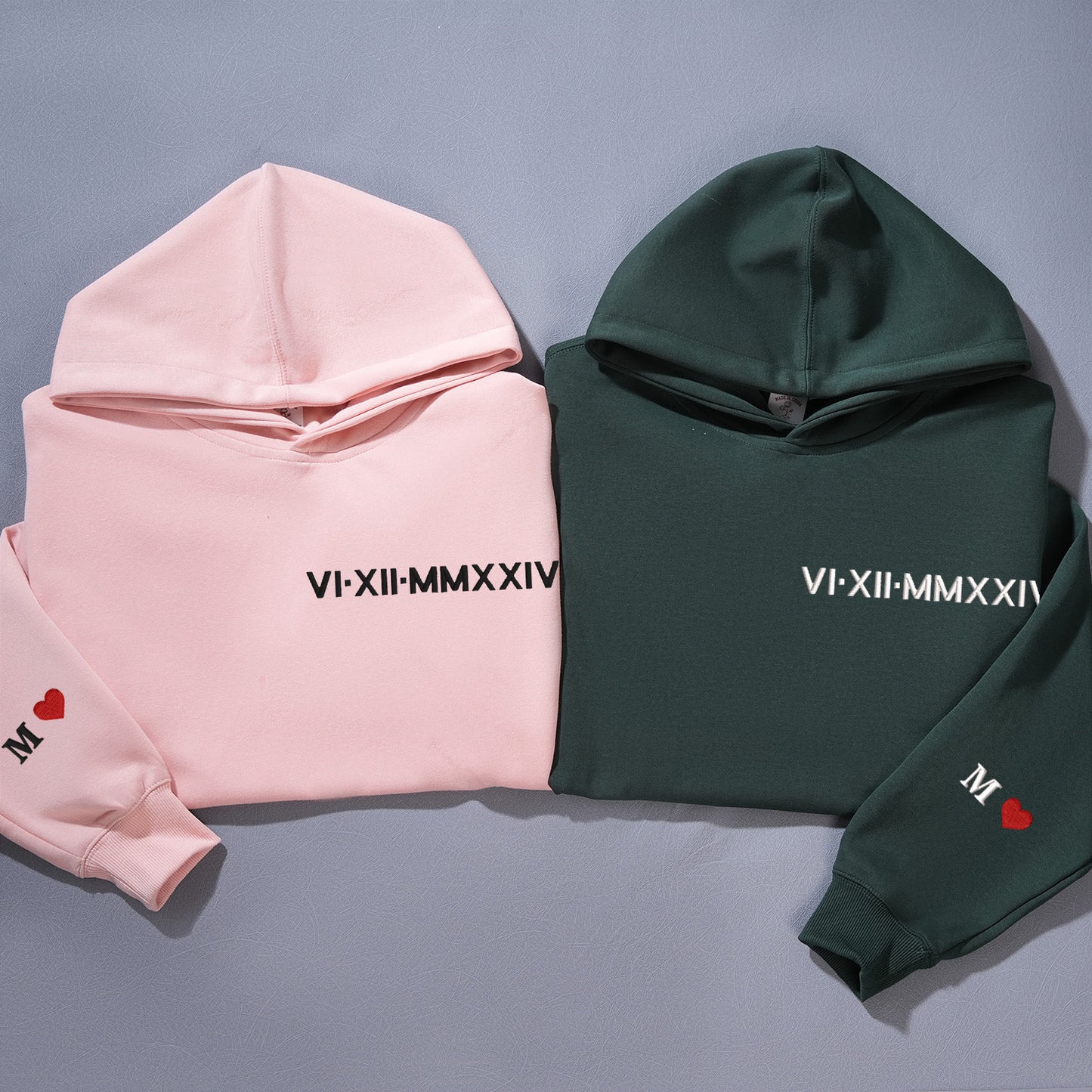 Custom Matching Couple Roman Numeral Embroidered Hoodie