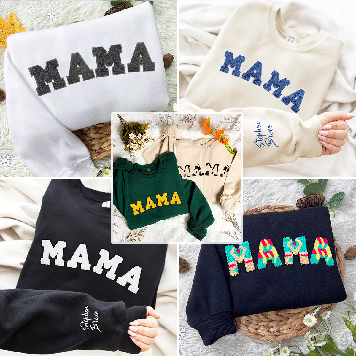 Customizable MAMA Embroidered T-Shirt/Sweatshirt/Hoodie - Choose Your Font Color & Personalize Your Cuff with Unique Text!