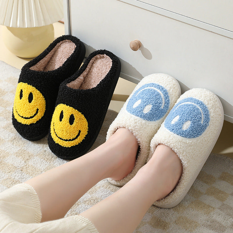 "Thick-Soled Cartoon Smiley Face Anti-Slip Cotton Slippers for Autumn and Winter, Unisex Couple Indoor Home Shoes, Cute Design."