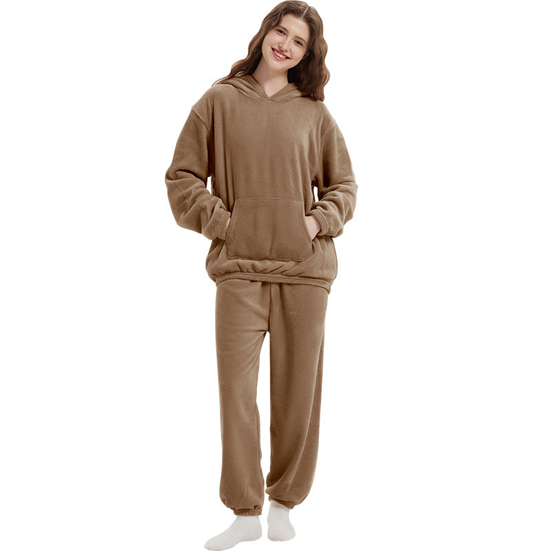 Fleece-Lined Hooded Warm Sweatshirt Set with Pockets