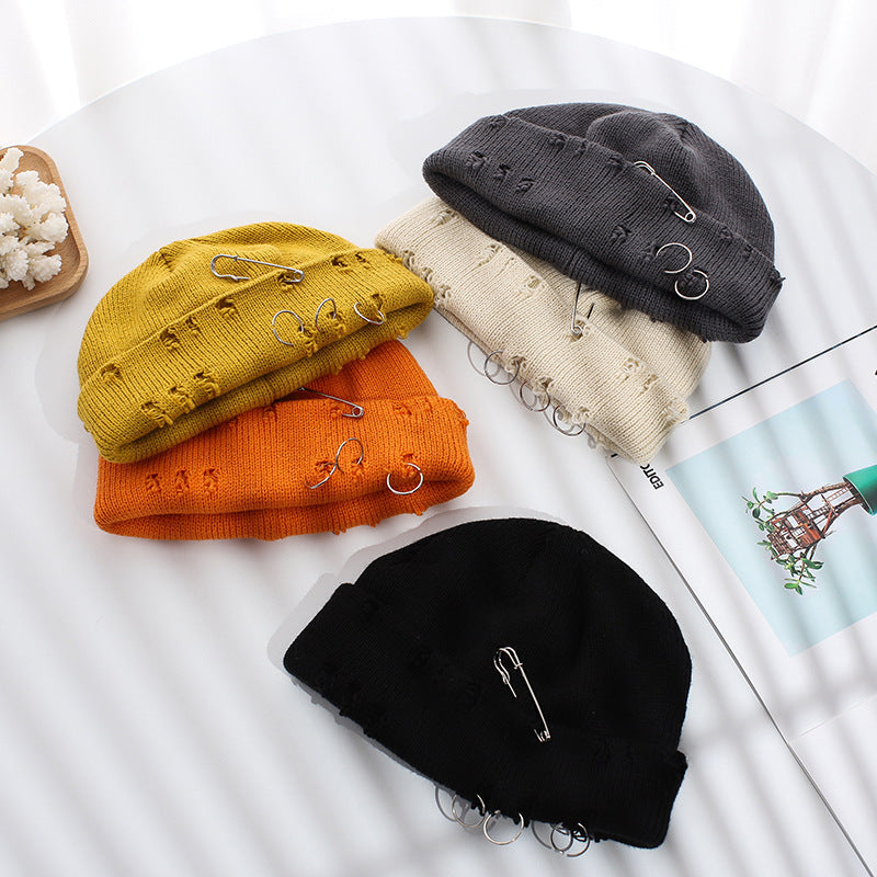 Autumn Winter Solid Color Distressed Knit Beanie