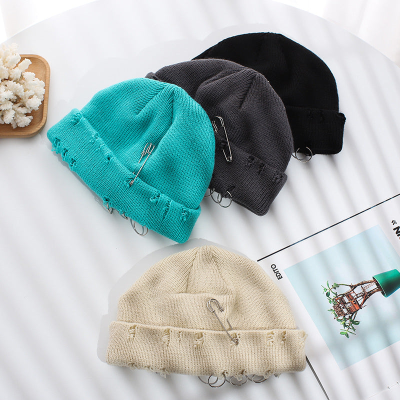 Autumn Winter Solid Color Distressed Knit Beanie