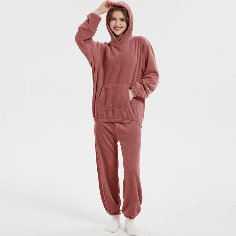 Fleece-Lined Hooded Warm Sweatshirt Set with Pockets