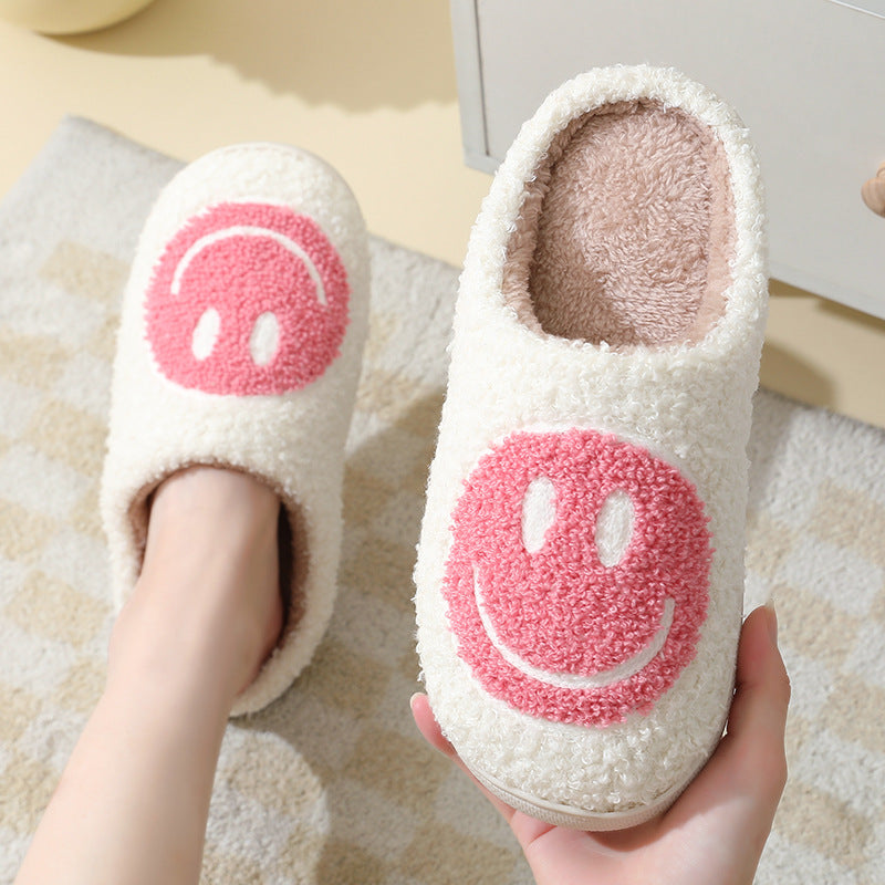 "Thick-Soled Cartoon Smiley Face Anti-Slip Cotton Slippers for Autumn and Winter, Unisex Couple Indoor Home Shoes, Cute Design."