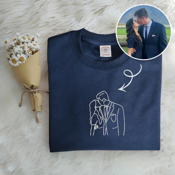 Custom Photo Sketch Embroidered Sweatshirt, Couple Gifts