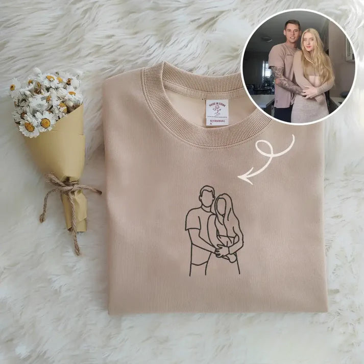 Custom Photo Sketch Embroidered Sweatshirt, Couple Gifts