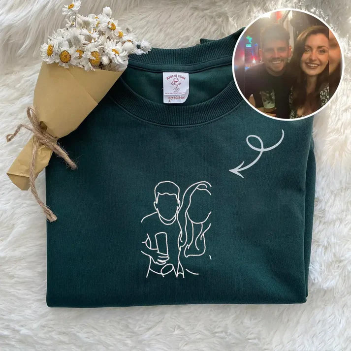 Custom Photo Sketch Embroidered Sweatshirt, Couple Gifts