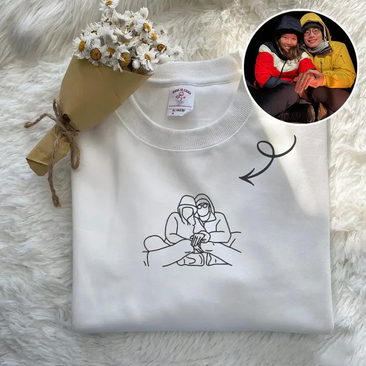 Custom Photo Sketch Embroidered Sweatshirt, Couple Gifts