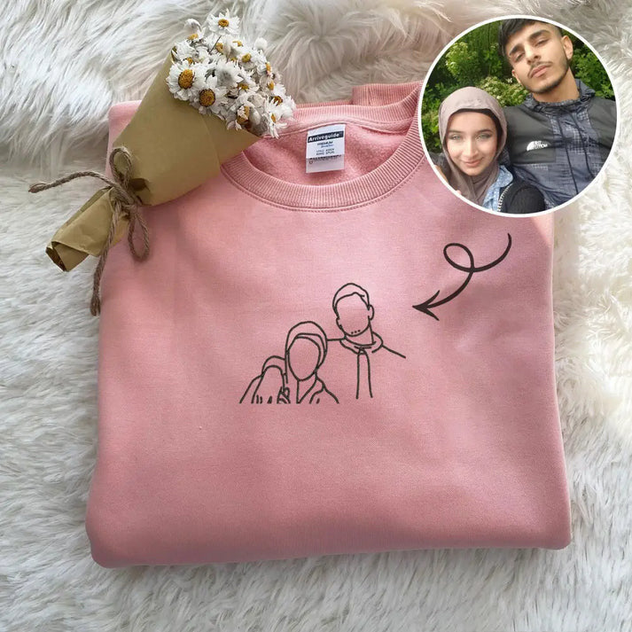 Custom Photo Sketch Embroidered Sweatshirt, Couple Gifts