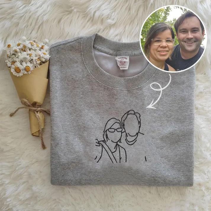 Custom Photo Sketch Embroidered Sweatshirt, Couple Gifts