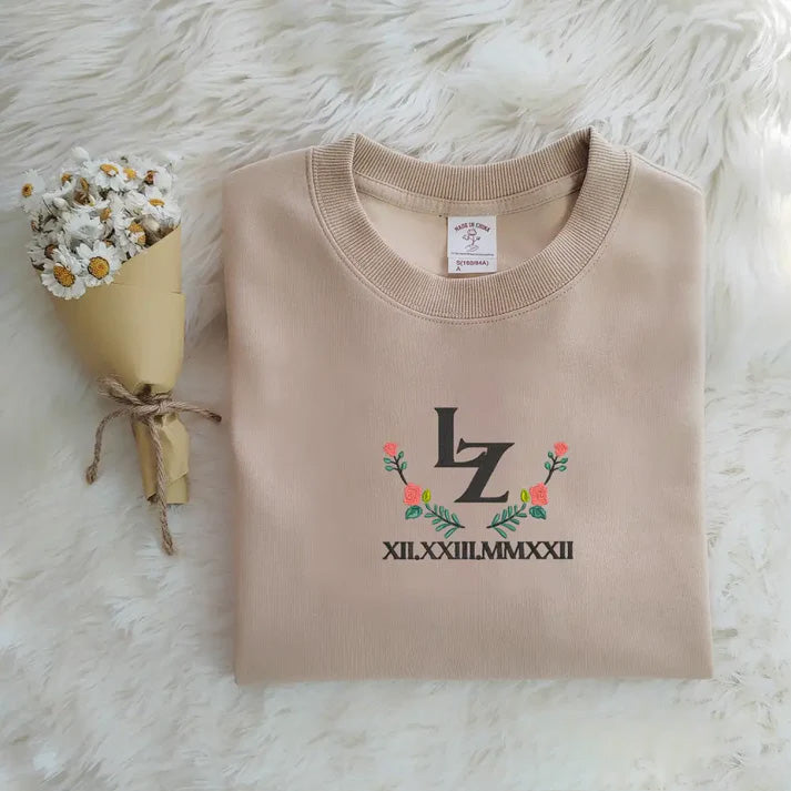 Customized Roman numeral embroidered sweatshirt, text can be added, with floral pattern