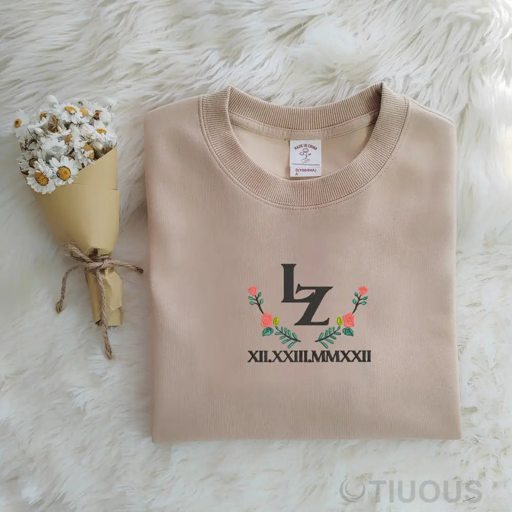 Customized Roman Numeral Embroidered Sweatshirt Text Can Be Added With Floral Pattern