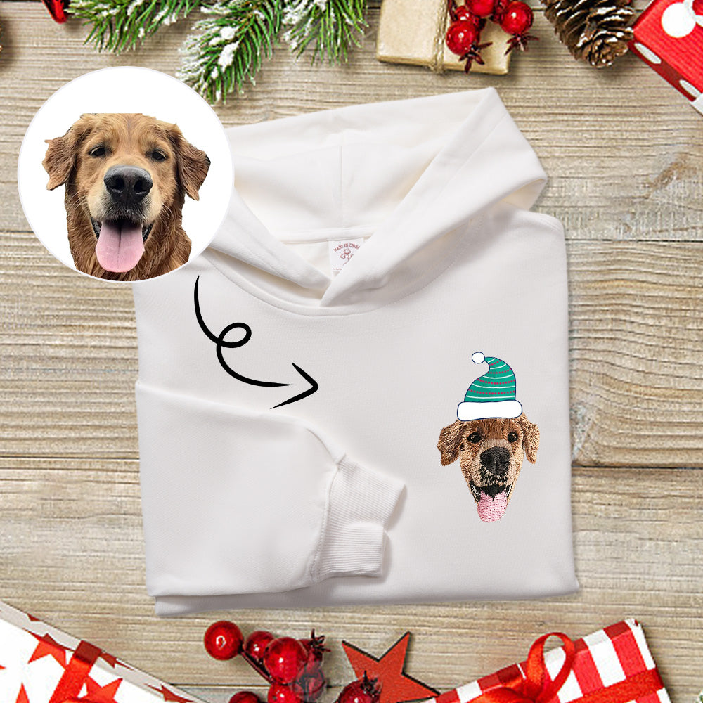 Holiday Gift: Custom Embroidered Sweatshirt with a Cat Wearing a Santa Hat" "Pet Gift: Custom Embroidered Sweatshirt with a Cat Wearing a Santa Hat