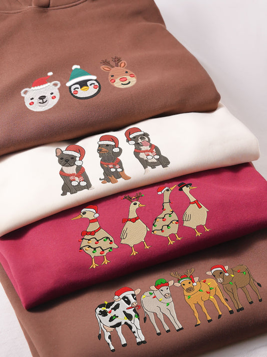 Cute Animal Embroidered Christmas Hoodie - Stylish Winter Warm Sweatshirt, Essential Holiday Gift